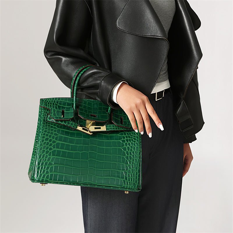 Women's Leather Handbag with Multiple Pockets and Twist Lock Closure