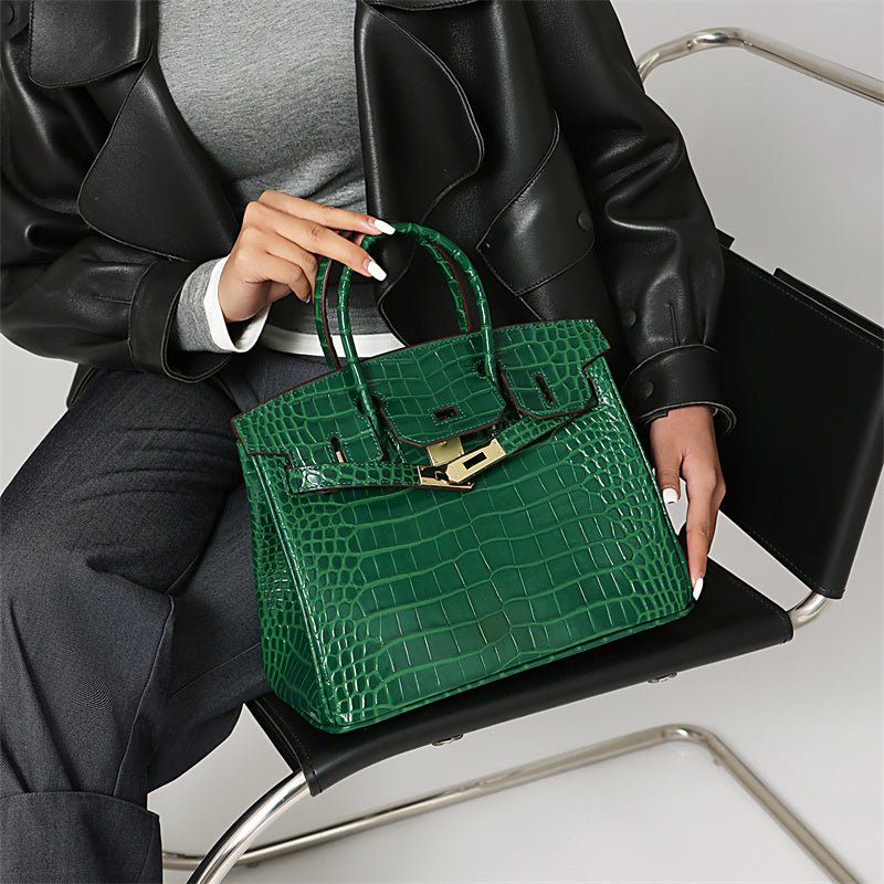 Women's Leather Handbag with Multiple Pockets and Twist Lock Closure