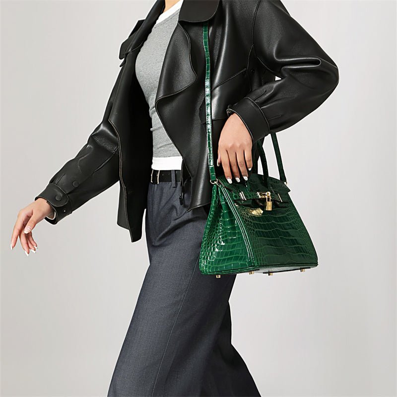 Women's Leather Handbag with Multiple Pockets and Twist Lock Closure