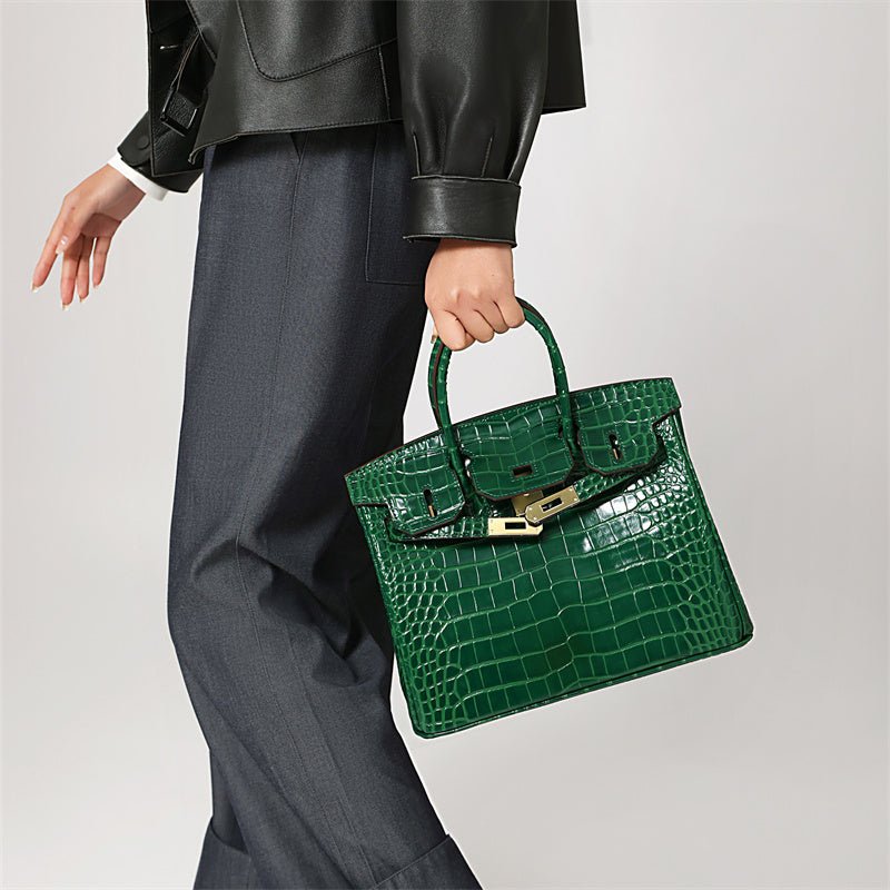 Women's Leather Handbag with Multiple Pockets and Twist Lock Closure