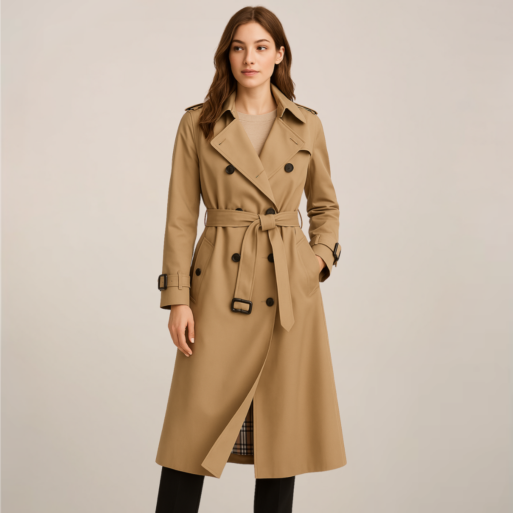 Women's Double-Breasted Trench Coat with Belted Waist and Structured Lapels
