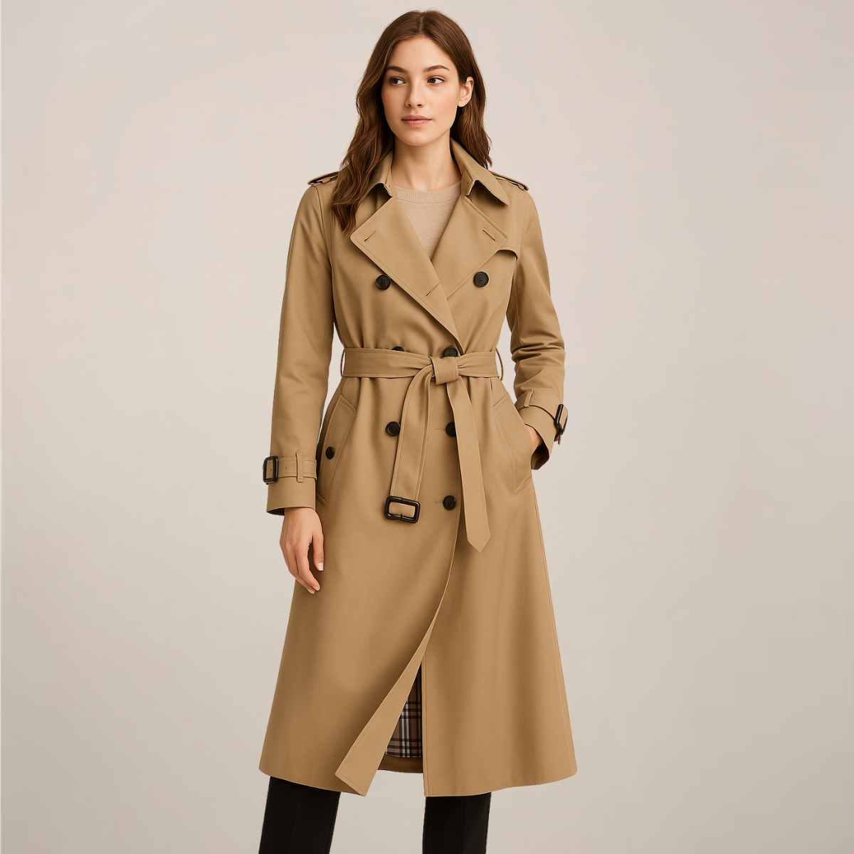 Women's Double-Breasted Trench Coat with Belted Waist and Structured Lapels