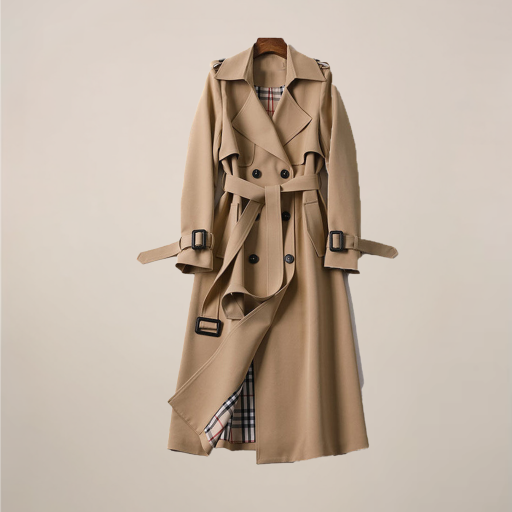Women's Double-Breasted Trench Coat with Belted Waist and Structured Lapels