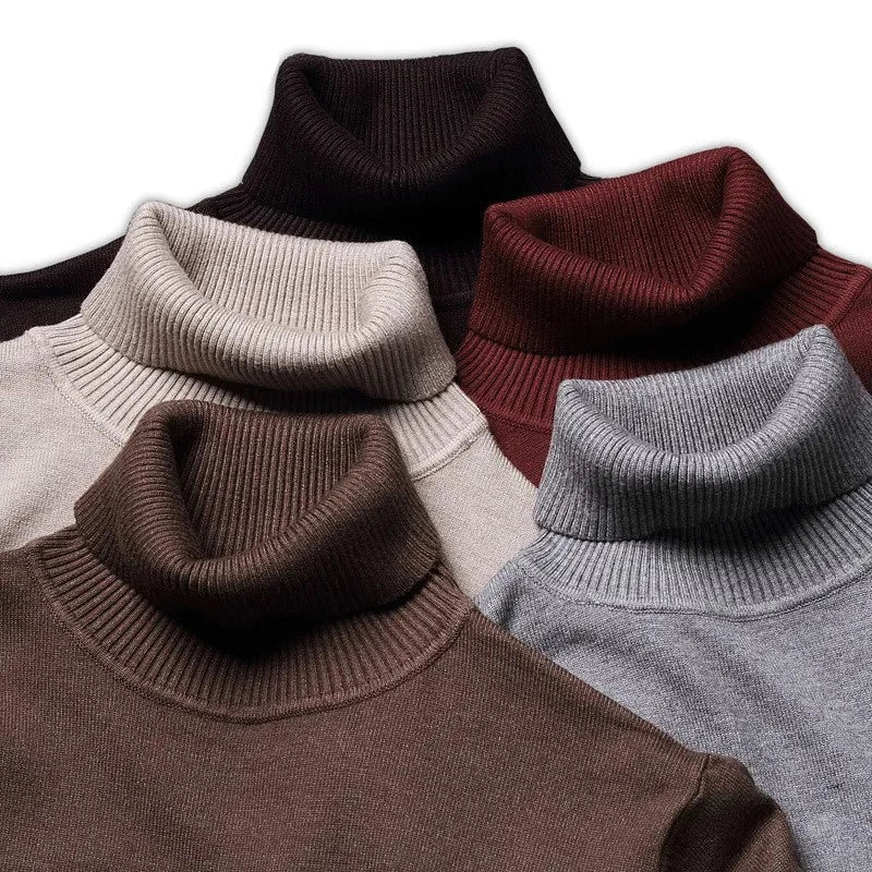 Men's Fine Knit Turtleneck Sweater with Slim Fit High Collar and Long Sleeves
