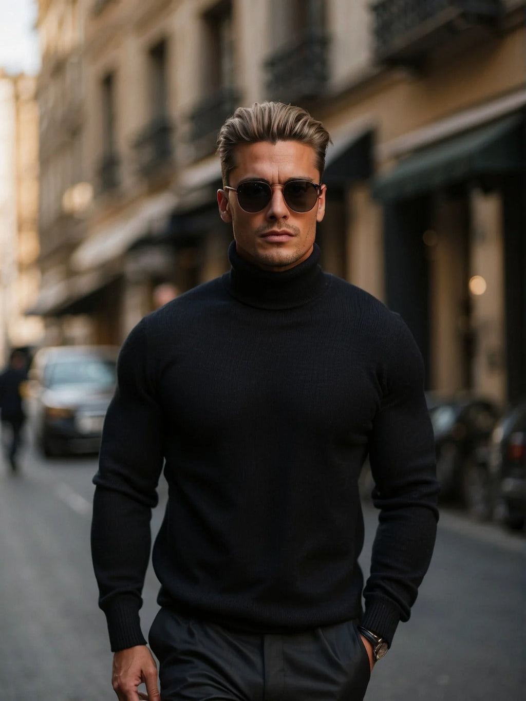 Men's Fine Knit Turtleneck Sweater with Slim Fit High Collar and Long Sleeves