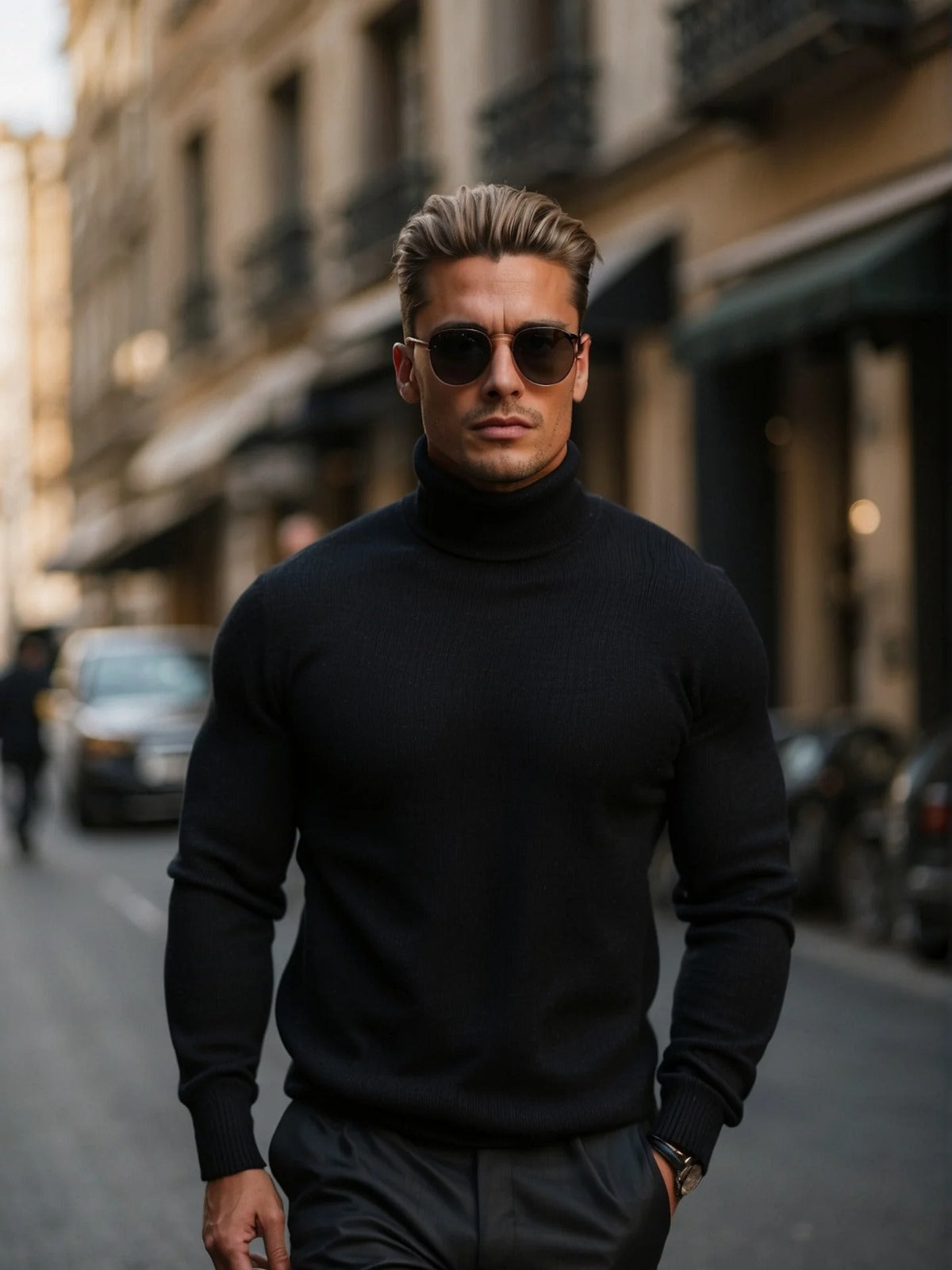 Men's Fine Knit Turtleneck Sweater with Slim Fit High Collar and Long Sleeves