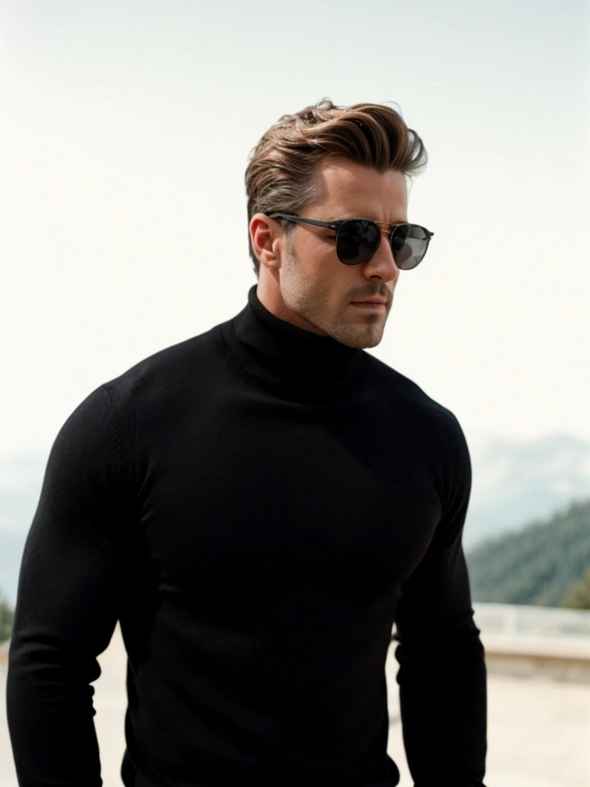 Men's Fine Knit Turtleneck Sweater with Slim Fit High Collar and Long Sleeves