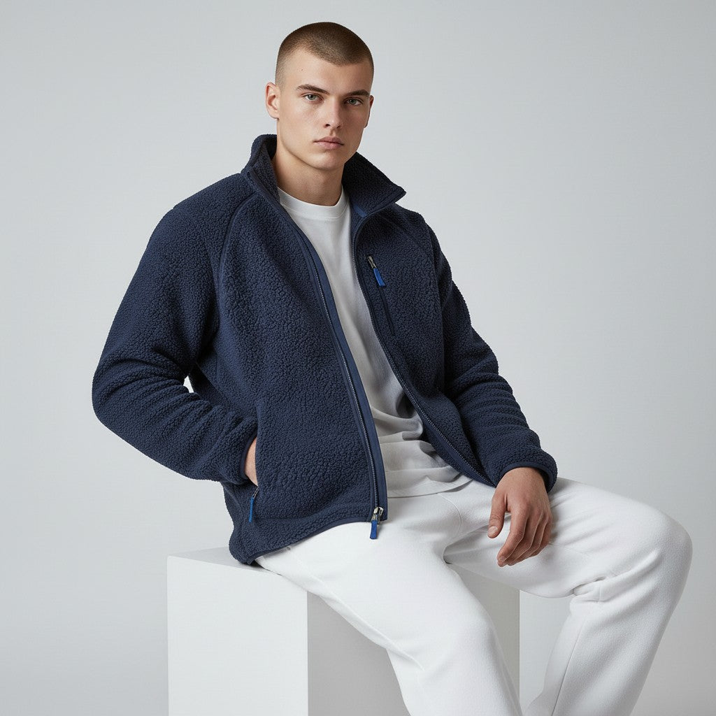 Men's Sherpa Fleece Jacket with High Collar and Front Zip Closure