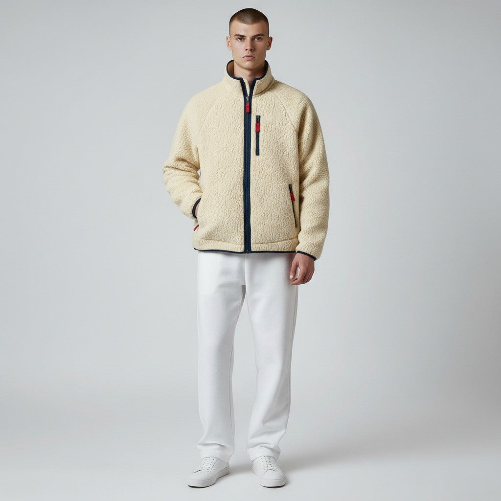 Men's Sherpa Fleece Jacket with High Collar and Front Zip Closure