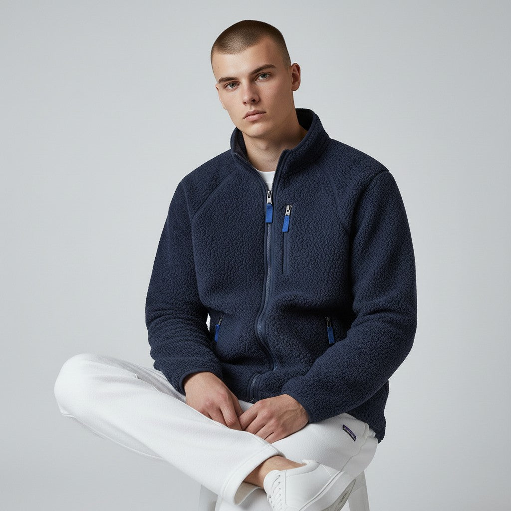 Men's Sherpa Fleece Jacket with High Collar and Front Zip Closure