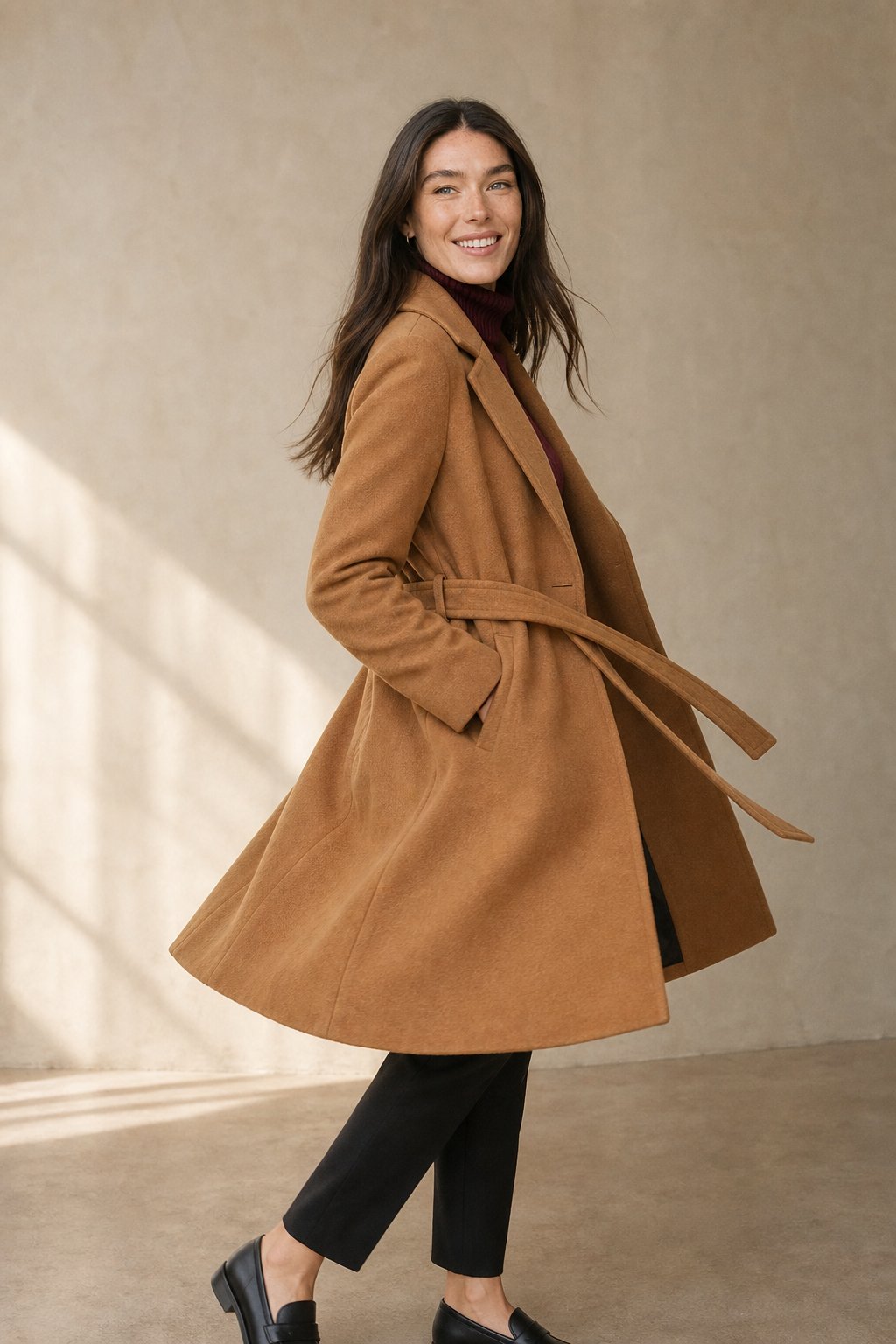 Women's Belted Wool Coat with Cinched Waist and Midi-Length Design