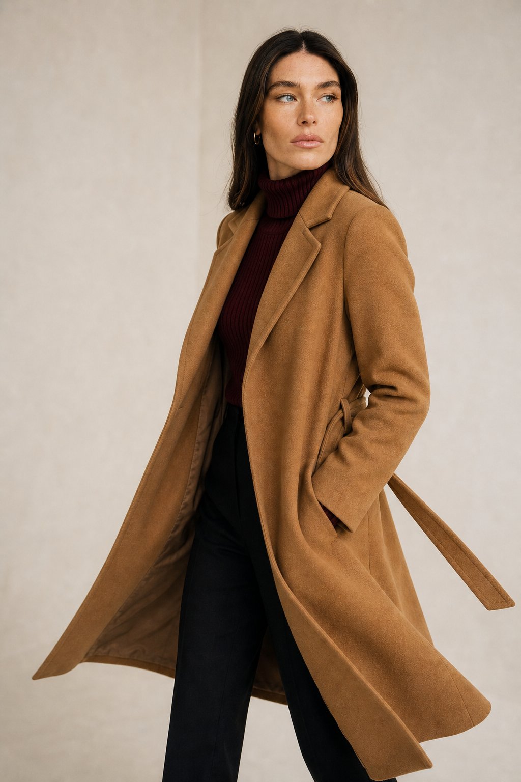 Women's Belted Wool Coat with Cinched Waist and Midi-Length Design