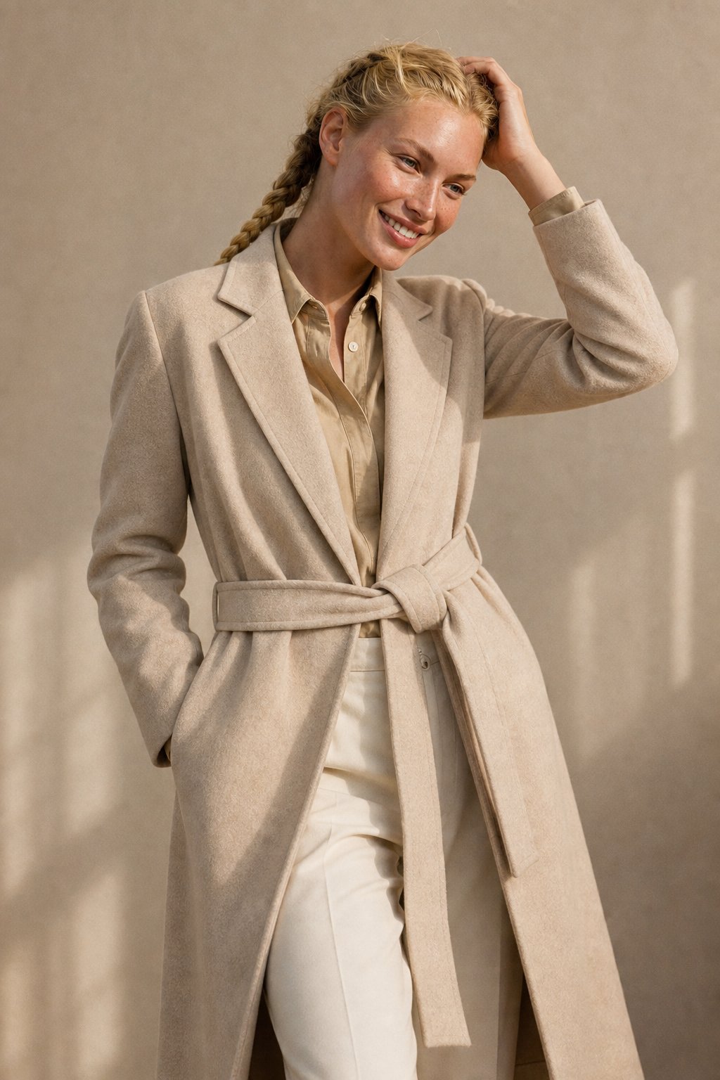 Women's Belted Wool Coat with Cinched Waist and Midi-Length Design
