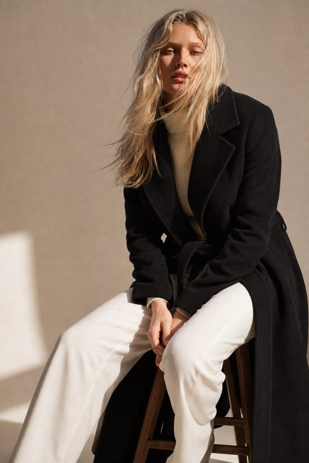 Women's Belted Wool Coat with Cinched Waist and Midi-Length Design